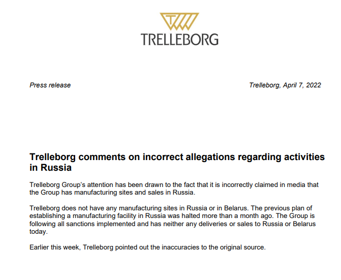 特瑞堡暫停在俄建設(shè)密封件工廠的計(jì)劃 特瑞堡暫停在俄建設(shè)密封件工廠的計(jì)劃